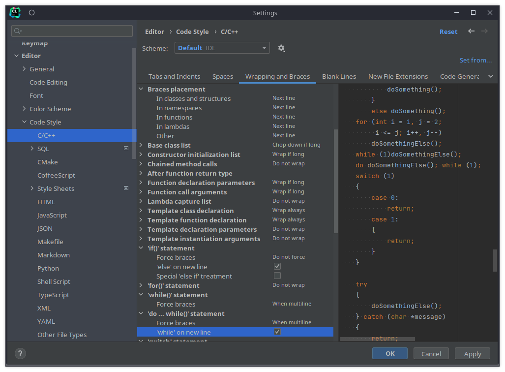 Окно настроек CLion